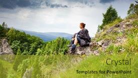  Presentation with spring - Amazing slide deck having woman-hiker-with-raincoat-looking backdrop and a gold colored foreground