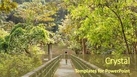  Presentation with outdoor clothes for hiking - Presentation theme with woman hiking at the path background and a tawny brown colored foreground