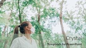  Presentation with eco sustainability - Colorful slide deck enhanced with woman-hiking-in-forest-nature backdrop and a mint green colored foreground