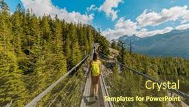 Presentation with crossing bridge - Presentation theme having woman-hiking-in-mountains-crossing background and a tawny brown colored foreground