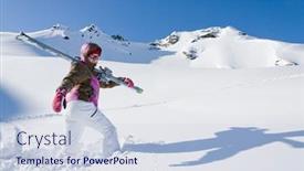  Presentation with skies - Audience pleasing PPT theme consisting of woman hiking with skies in alps mountains backdrop and a sky blue colored foreground