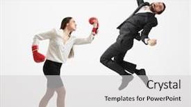  Presentation with red grey - Slide deck having woman hit - angry businesswoman in formal wear background and a light gray colored foreground