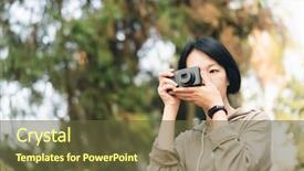  Presentation with digital lines swirls - Presentation theme featuring woman hold a digital camera background and a tawny brown colored foreground