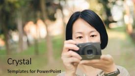  Presentation with digital - Cool new PPT layouts with woman hold a digital camera backdrop and a coral colored foreground