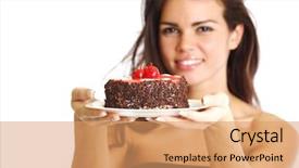  Presentation with cake - PPT theme having woman hold cake in hands background and a coral colored foreground