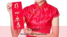  Presentation with everything - PPT theme having woman hold chinese calligraphy phrase meaning is everything going smoothly and easily background and a red colored foreground