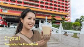  Presentation with bubble tea - PPT layouts with woman-hold-with-bubble-milk background and a coral colored foreground