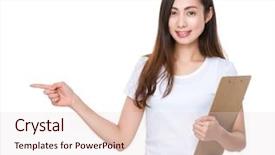  Presentation with finger point - Beautiful PPT layouts featuring woman hold with clipboard and finger point aside backdrop and a lemonade colored foreground