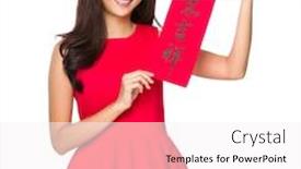  Presentation with everything - Colorful PPT layouts enhanced with woman hold with fai chun phrase meaning is everything goes smooth and good luck backdrop and a white colored foreground