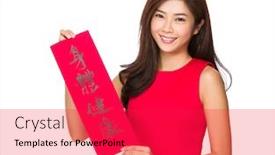  Presentation with blessing - Amazing theme having woman hold with fai chun phrase meaning is blessing for good health backdrop and a red colored foreground