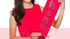  Presentation with blessing - PPT layouts featuring woman hold with fai chun phrase meaning is blessing for good health background and a red colored foreground