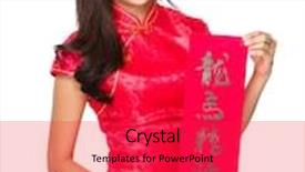 Presentation with blessing - Colorful PPT theme enhanced with woman hold with fai chun phrase meaning is blessing for good health backdrop and a red colored foreground