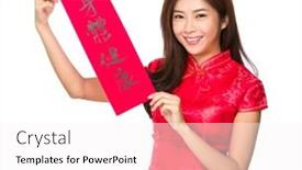  Presentation with blessing - Presentation theme having woman hold with fai chun phrase meaning is blessing for good health background and a sky blue colored foreground