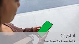  Presentation with green screen - PPT theme with woman-hold-with-green-screen background and a light gray colored foreground