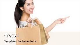  Presentation with finger point - Cool new presentation theme with woman hold with shopping bag and finger point aside backdrop and a lemonade colored foreground