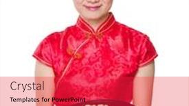  Presentation with snack - Amazing PPT theme having woman hold with snack tray backdrop and a red colored foreground