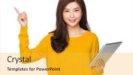  Presentation with finger point - Presentation having woman hold with tablet and finger point up background and a yellow colored foreground