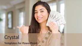  Presentation with bank - Presentation design consisting of woman holding 20 dollars bank background and a coral colored foreground