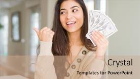  Presentation with happy young student girl holding - Presentation theme enhanced with woman holding 50 dollars bank background and a  colored foreground