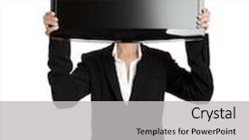 Presentation with head - Beautiful presentation theme featuring woman holding a big tv screen over her head backdrop and a light gray colored foreground