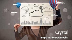  Presentation with cardboard - Colorful theme enhanced with woman holding a cardboard in front of her head with cityscape and ballons drawing backdrop and a tawny brown colored foreground