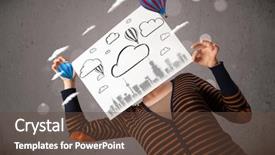  Presentation with cardboard - Colorful presentation theme enhanced with woman holding a cardboard in front of her head with cityscape and ballons drawing backdrop and a tawny brown colored foreground