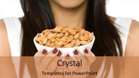  Presentation with almond - Beautiful presentation theme featuring woman holding a ceramic bowl of almond nuts on white background backdrop and a coral colored foreground