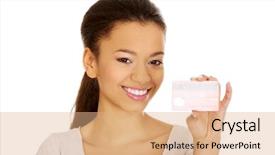  Presentation with credit card fraud - Amazing presentation theme having woman holding a credit card backdrop and a  colored foreground