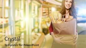  Presentation with grocery bag - PPT theme having woman holding a grocery bag background and a yellow colored foreground