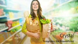  Presentation with grocery bag - Presentation theme enhanced with woman holding a grocery bag background and a gold colored foreground