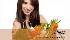  Presentation with grocery bag - PPT theme having woman holding a grocery bag full of fresh and healthy food isolated on white background background and a gold colored foreground