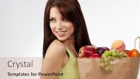 Presentation with grocery bag - Beautiful slides featuring woman holding a grocery bag full of fresh and healthy food isolated on white background backdrop and a coral colored foreground