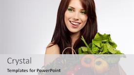  Presentation with grocery bag - Slides consisting of woman holding a grocery bag full of fresh and healthy food isolated on white background background and a light gray colored foreground