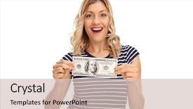  Presentation with dollar - Beautiful slide deck featuring woman holding a hundred dollar backdrop and a soft green colored foreground