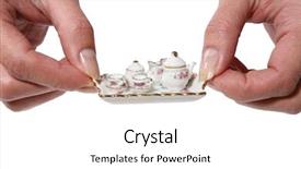  Presentation with tea coffee - Slide set having woman holding a miniature coffee tea set background and a white colored foreground