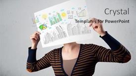  Presentation with cityscape - Presentation theme consisting of woman holding a paper in front of her head with charts and cityscape drawing background and a light gray colored foreground