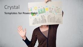  Presentation with cityscape - Theme consisting of woman holding a paper in front of her head with charts and cityscape drawing background and a light gray colored foreground