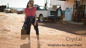  Presentation with pump - Colorful presentation theme enhanced with woman-holding-a-petrol backdrop and a coral colored foreground