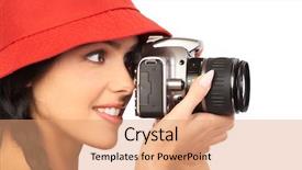  Presentation with camera - Presentation enhanced with woman holding a photo camera background and a coral colored foreground