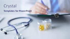  Presentation with pill bottle - Colorful slide set enhanced with woman-holding-a-pill-bottle backdrop and a sky blue colored foreground