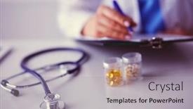  Presentation with pill bottle - PPT theme featuring woman-holding-a-pill-bottle background and a light gray colored foreground