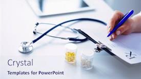  Presentation with pill bottle - Presentation enhanced with woman-holding-a-pill-bottle background and a sky blue colored foreground