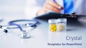  Presentation with pill bottle - PPT layouts featuring woman-holding-a-pill-bottle background and a sky blue colored foreground