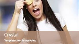  Presentation with potatoe - Presentation theme enhanced with woman holding a potatoe chip in front of her eye indoor background and a coral colored foreground