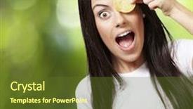  Presentation with potatoe - PPT layouts with woman holding a potatoe chip in front of her eye against a nature background background and a tawny brown colored foreground