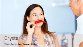  Presentation with pepper - Amazing slide set having woman holding a red pepper next to her face backdrop and a coral colored foreground