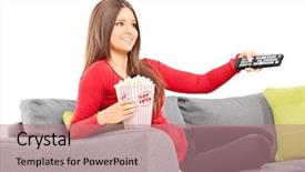  Presentation with remote - PPT theme with woman holding a remote control and eating popcorn seated on a sofa isolated on white background background and a coral colored foreground