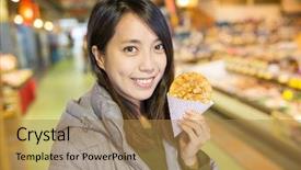  Presentation with cracker - Beautiful theme featuring woman holding a rice cracker in fish market backdrop and a coral colored foreground