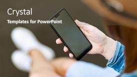  Presentation with smartphone - PPT theme enhanced with woman-holding-a-smartphone background and a tawny brown colored foreground
