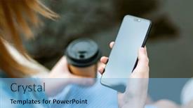  Presentation with smartphone - Slide set with woman-holding-a-smartphone background and a light blue colored foreground